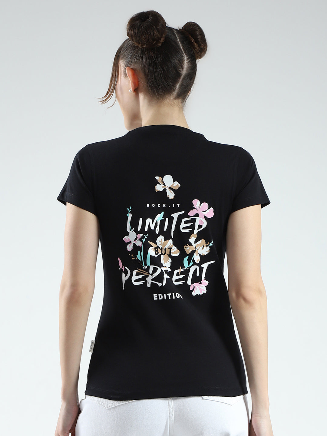 Rock.it Women Black Printed Round Neck Half Sleeve Top