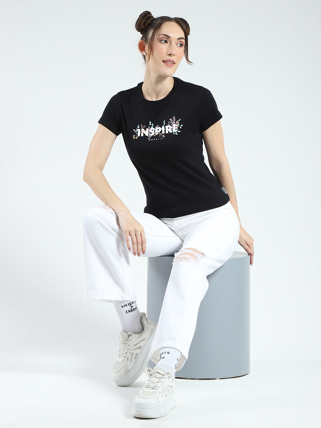 Rock.it Women Black Printed Round Neck Half Sleeve Top