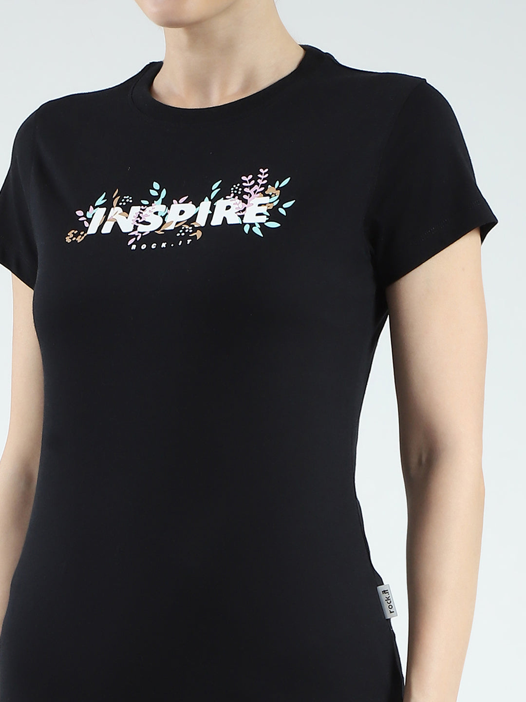 Rock.it Women Black Printed Round Neck Half Sleeve Top