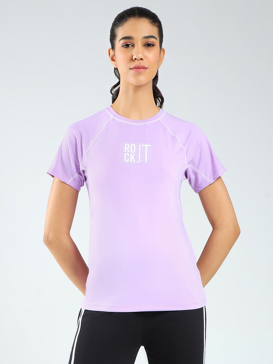 Rock.it Women Purple Printed Round Neck Half Sleeve Top
