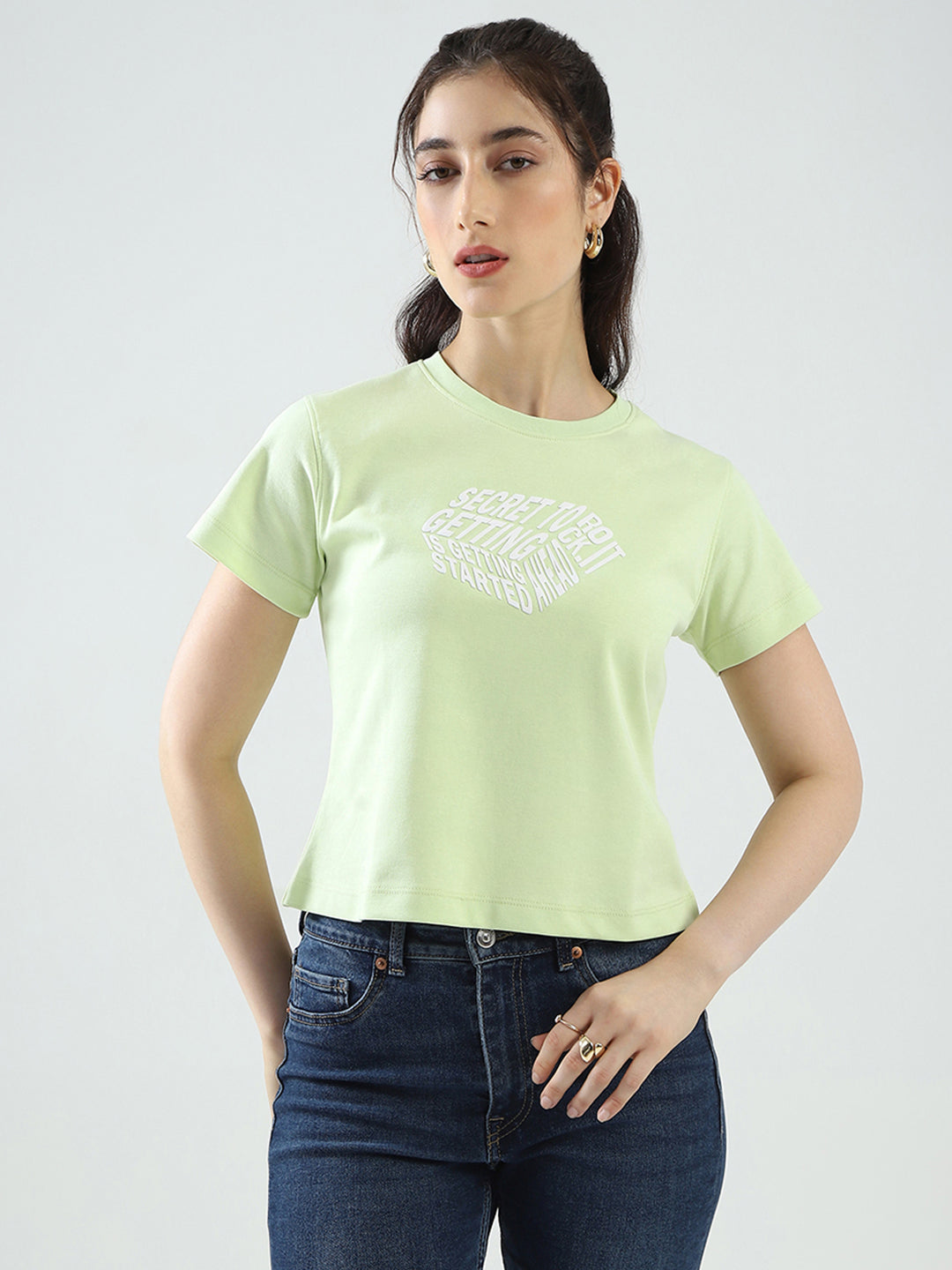 Rock.it Women Green Printed Round Neck Half Sleeve Top