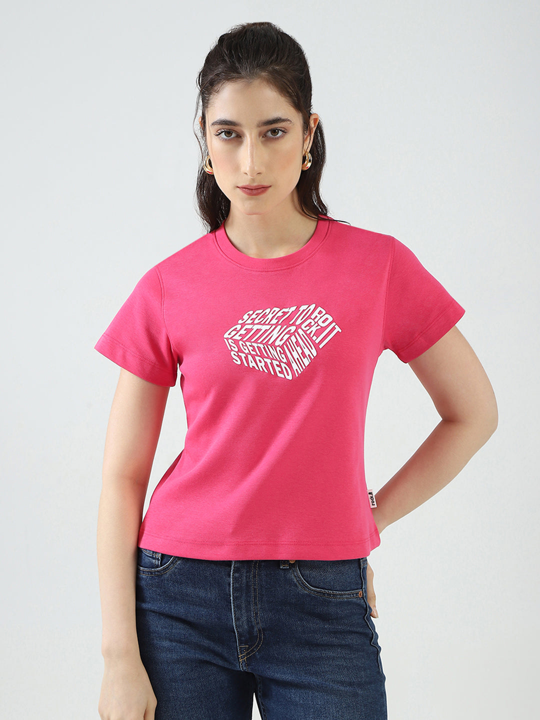 Rock.it Women Pink Printed Round Neck Half Sleeve Top