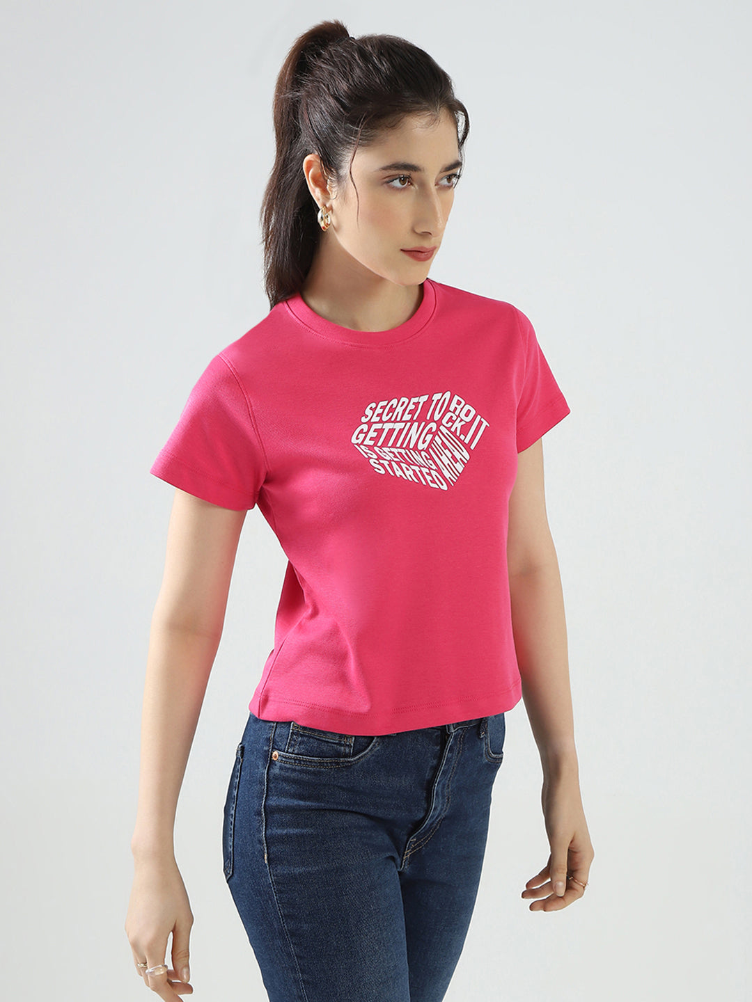 Rock.it Women Pink Printed Round Neck Half Sleeve Top