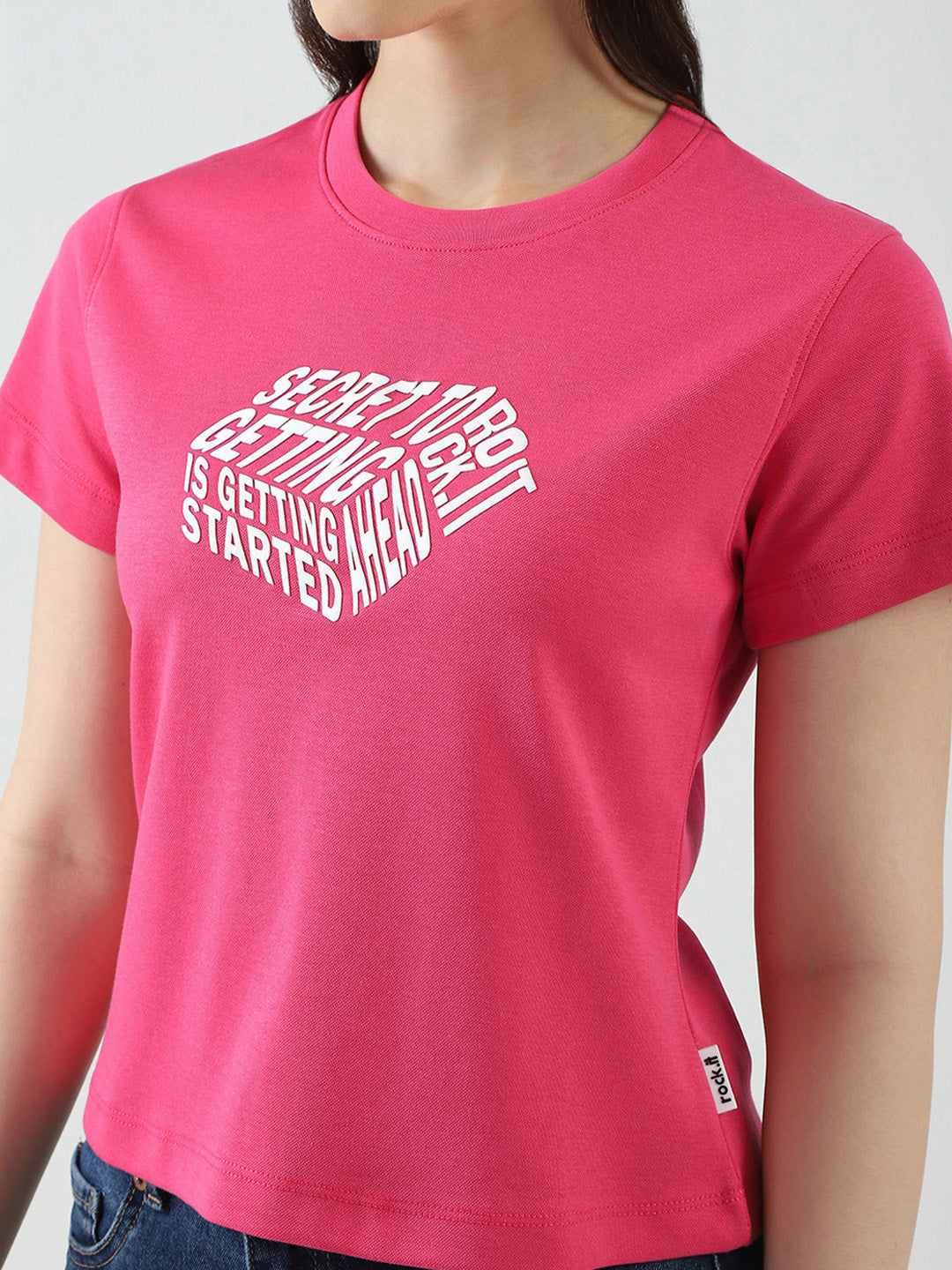 Rock.it Women Pink Printed Round Neck Half Sleeve Top