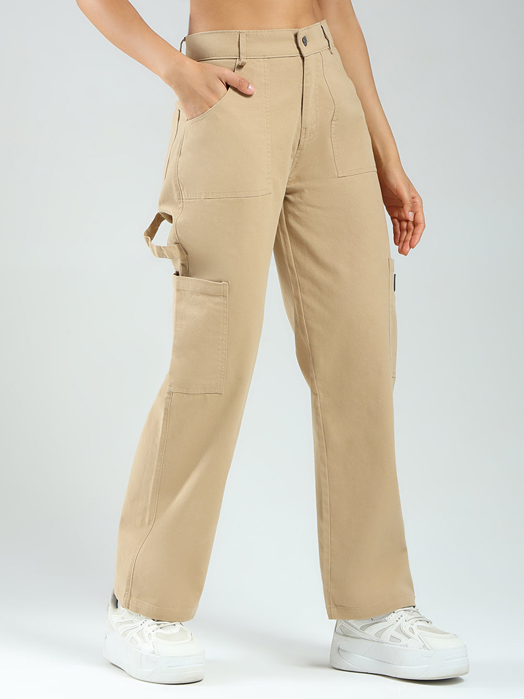 Rock.it Women Beige Solid Straight Fit Cargo