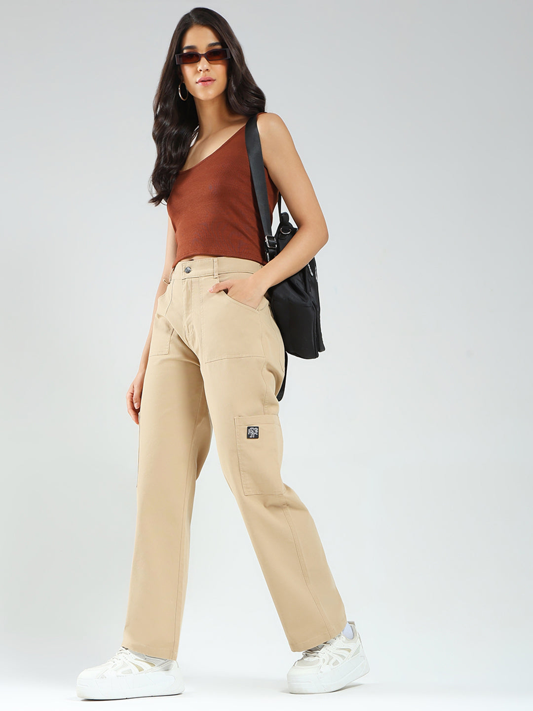 Rock.it Women Beige Solid Straight Fit Cargo