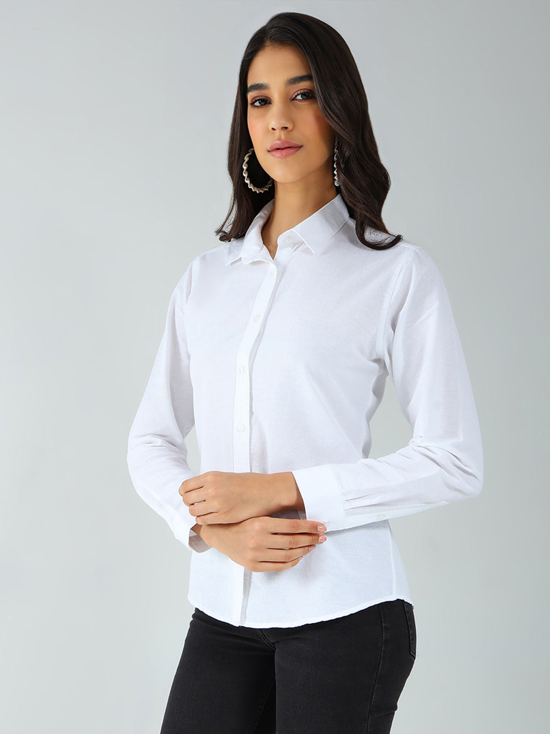 Rock.it Women White Solid Collar Full Sleeve Shirt