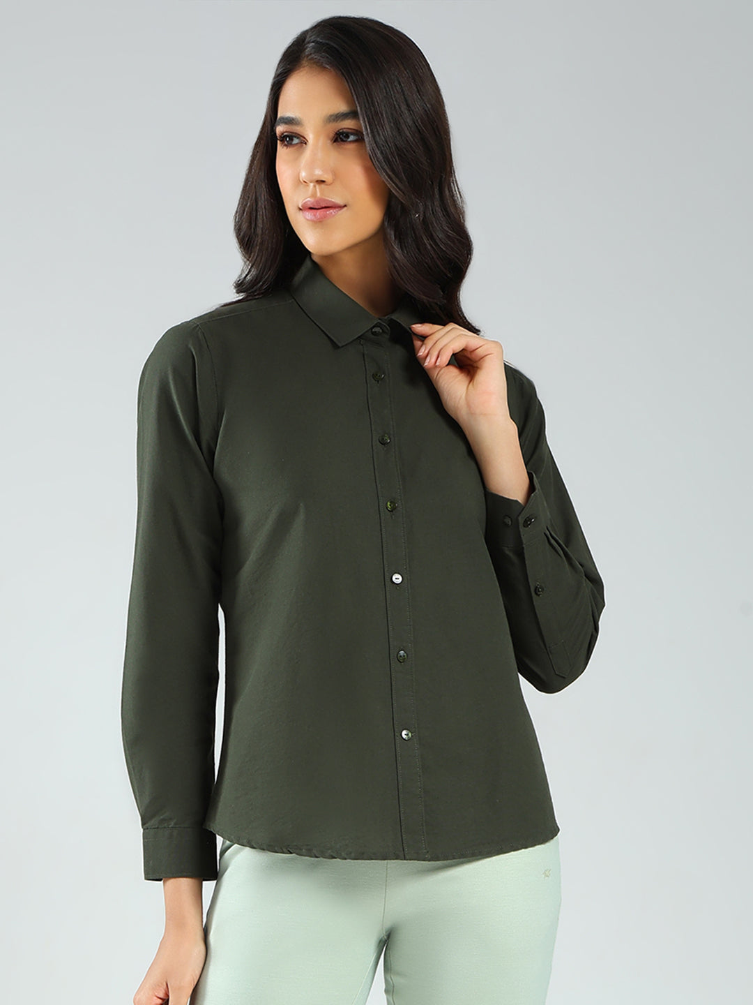 Rock.it Women Olive Solid Collar Full Sleeve Shirt