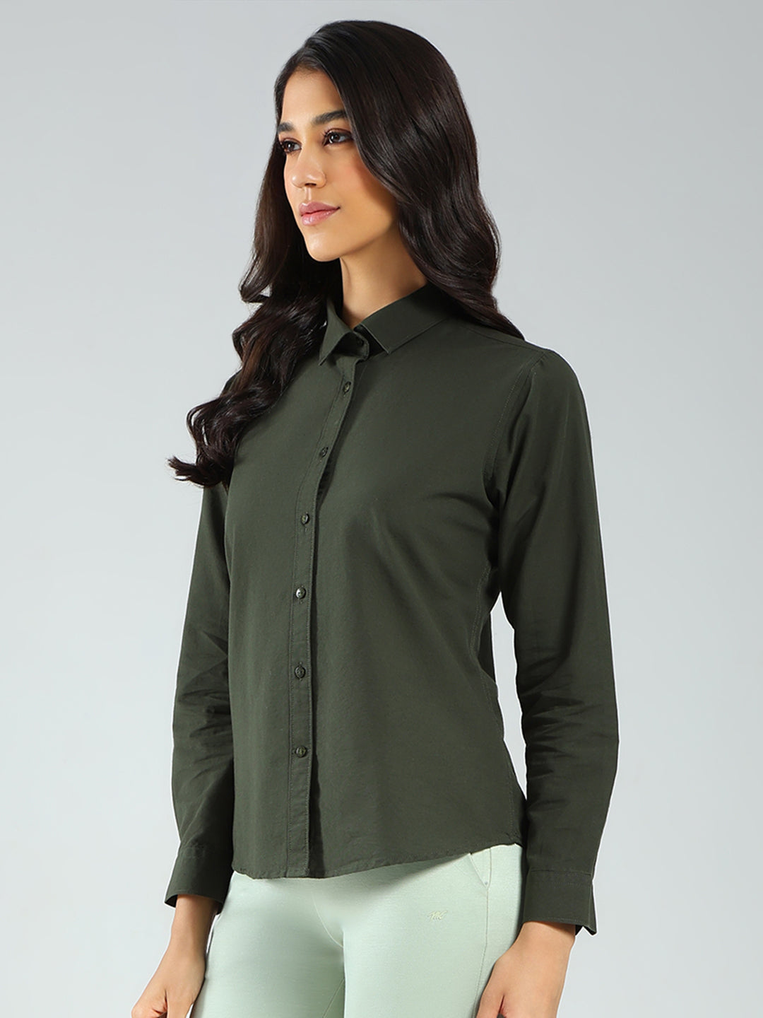 Rock.it Women Olive Solid Collar Full Sleeve Shirt