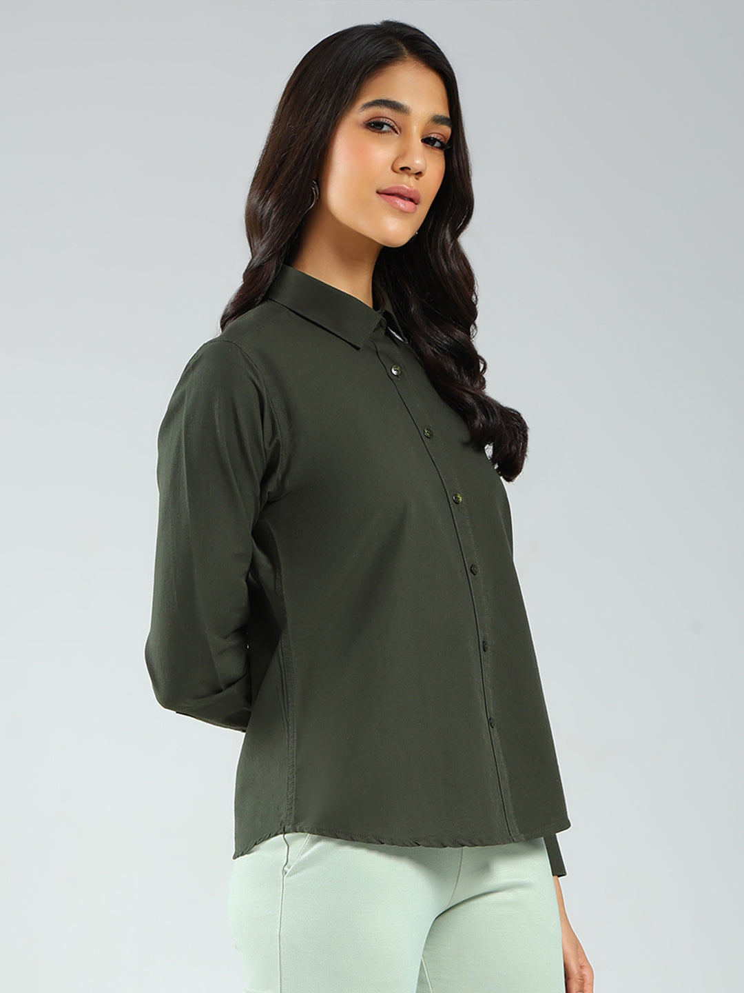 Rock.it Women Olive Solid Collar Full Sleeve Shirt