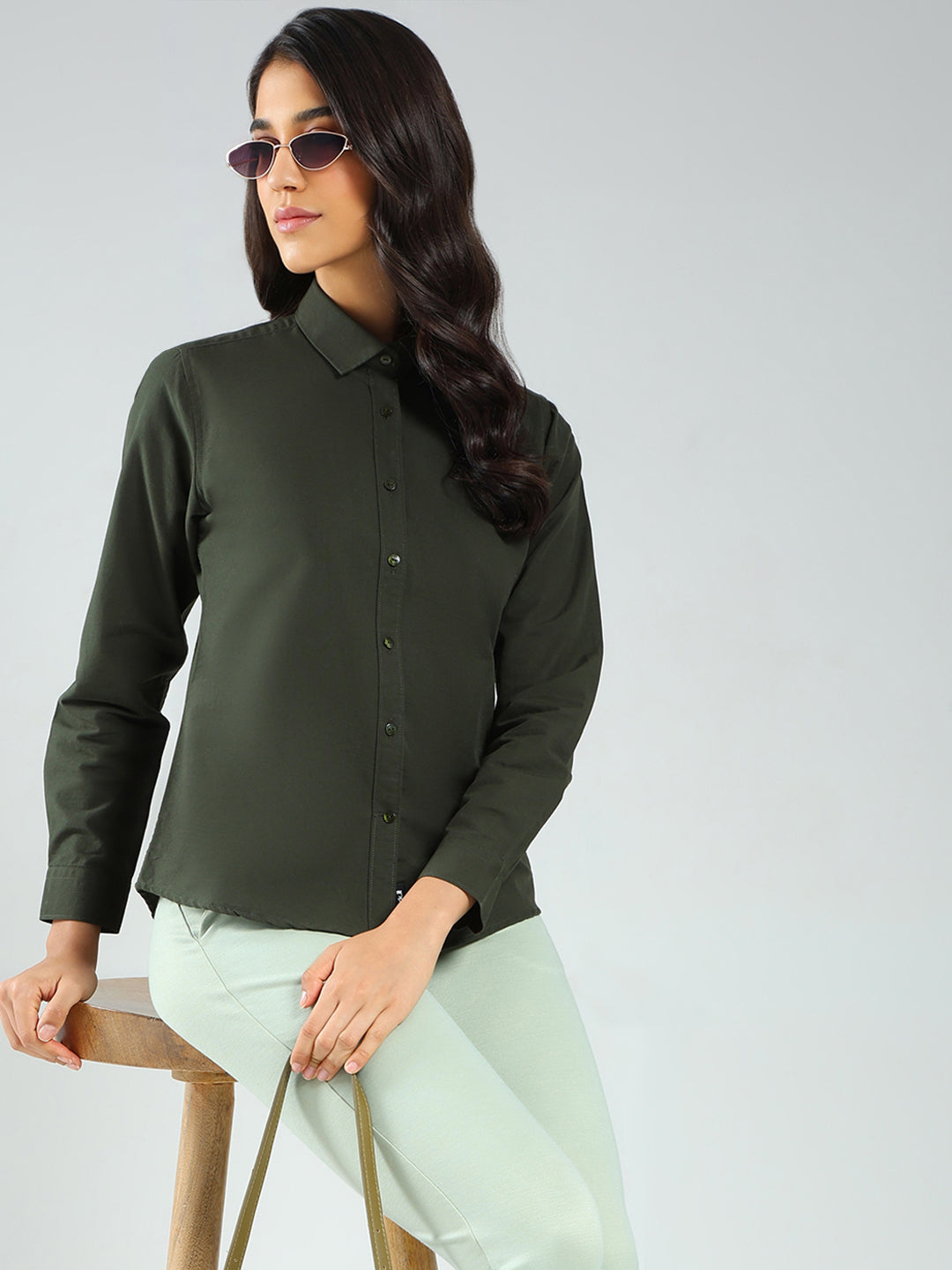Rock.it Women Olive Solid Collar Full Sleeve Shirt