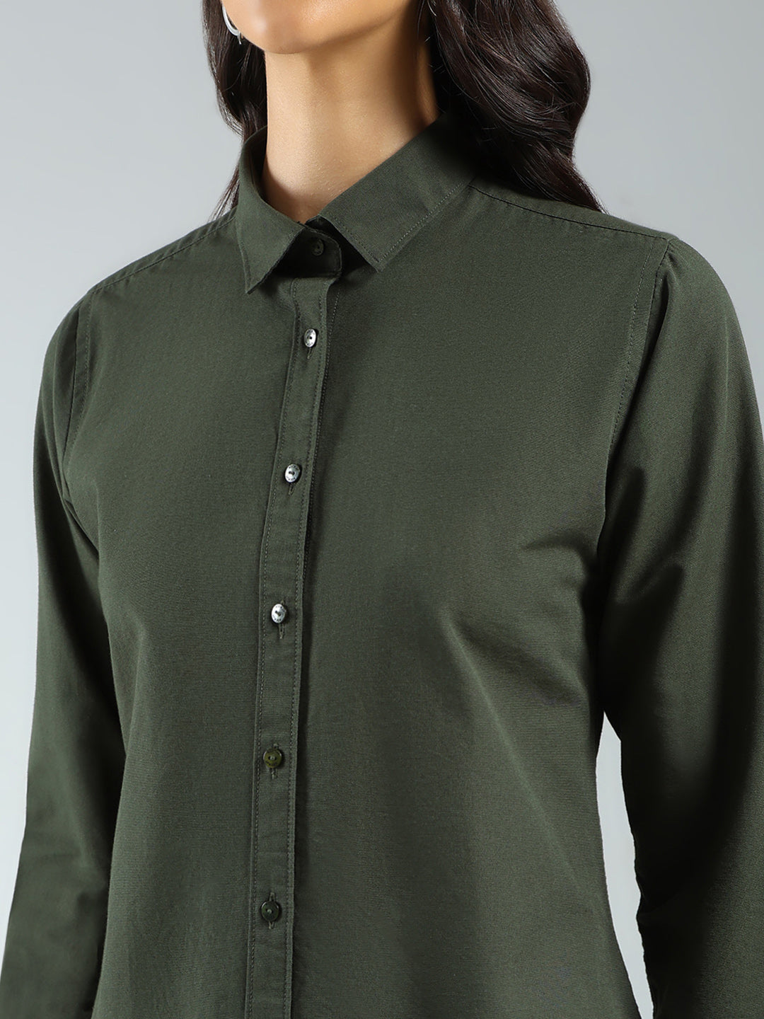 Rock.it Women Olive Solid Collar Full Sleeve Shirt