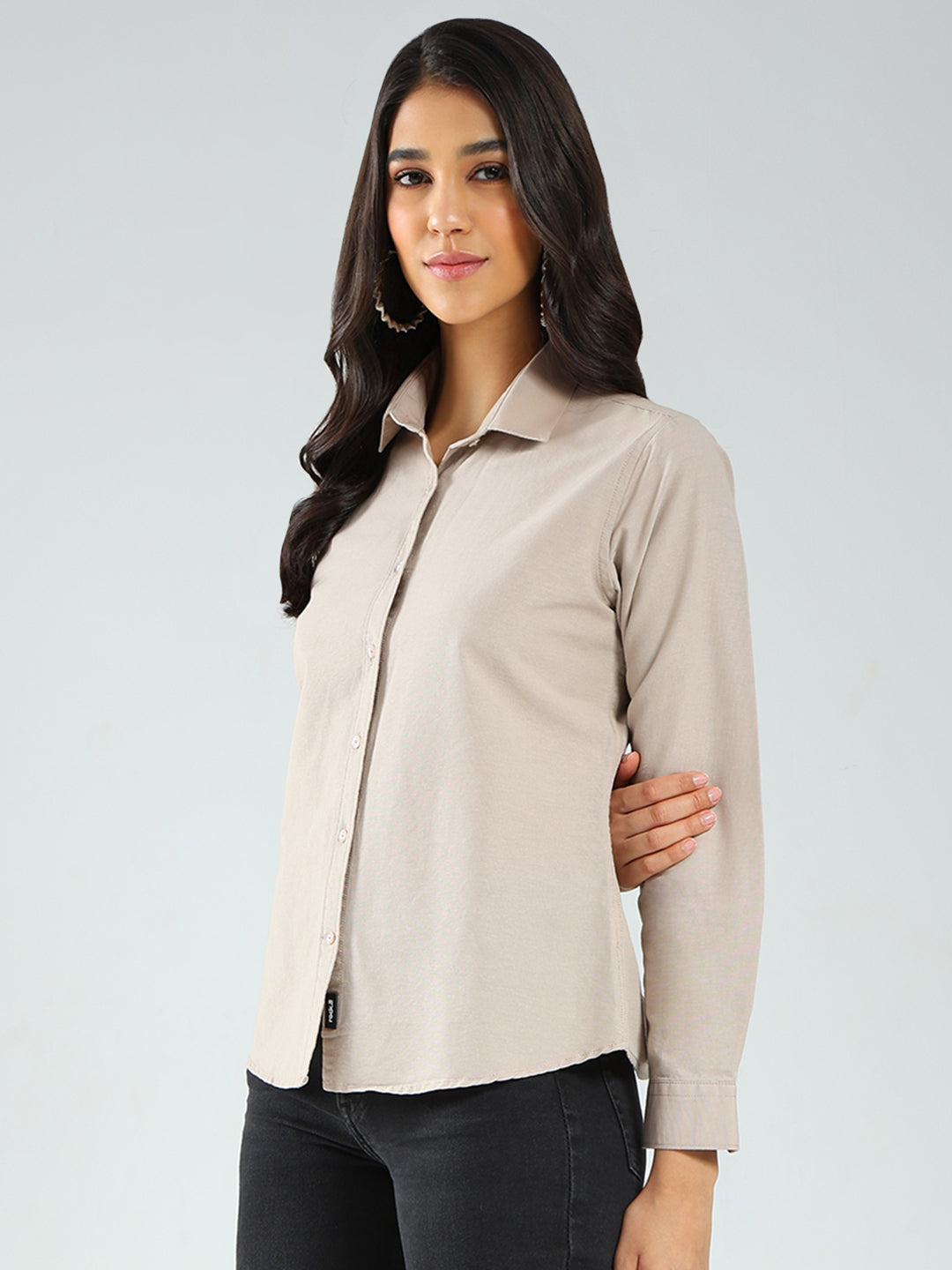 Rock.it Women Beige Solid Collar Full Sleeve Shirt