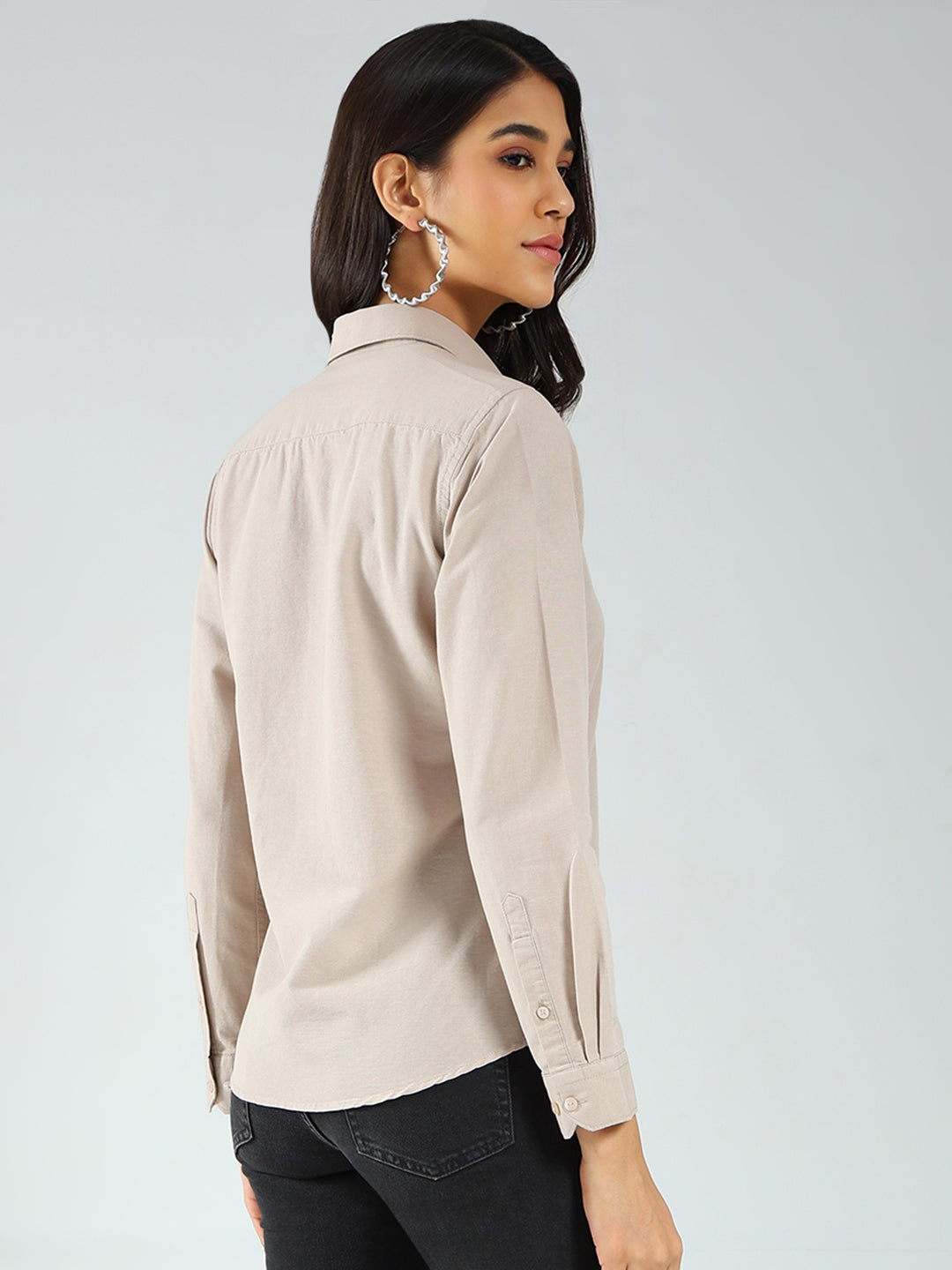 Rock.it Women Beige Solid Collar Full Sleeve Shirt