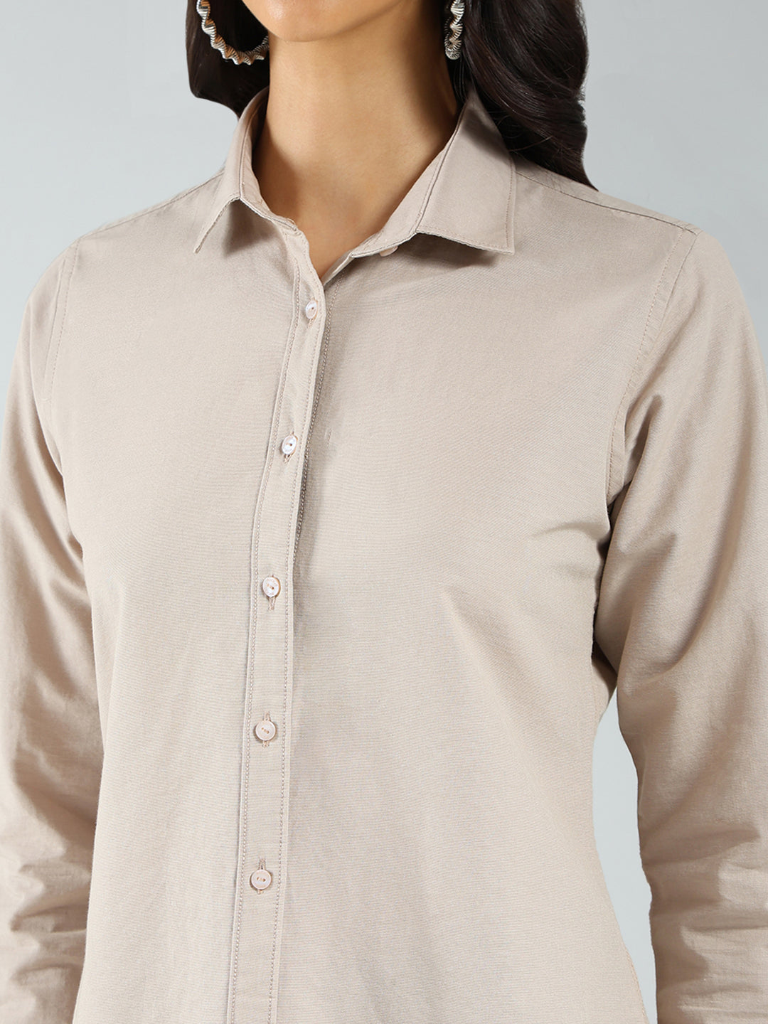Rock.it Women Beige Solid Collar Full Sleeve Shirt