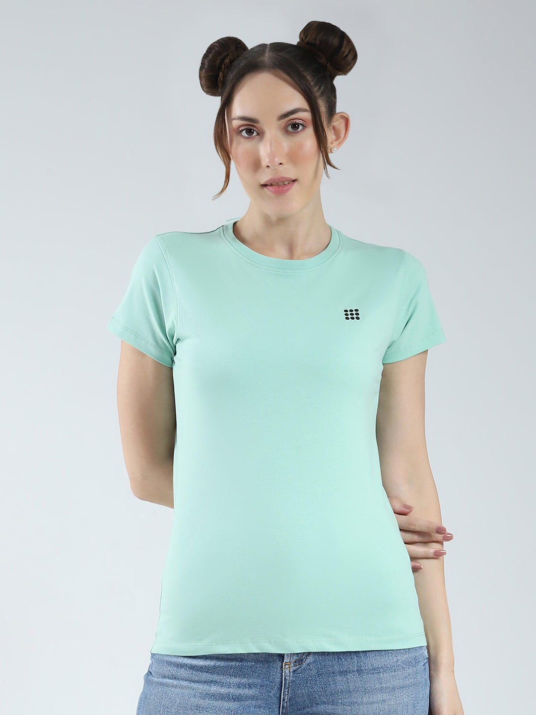 Rock.it Women Green Solid Round Neck Half Sleeve Top