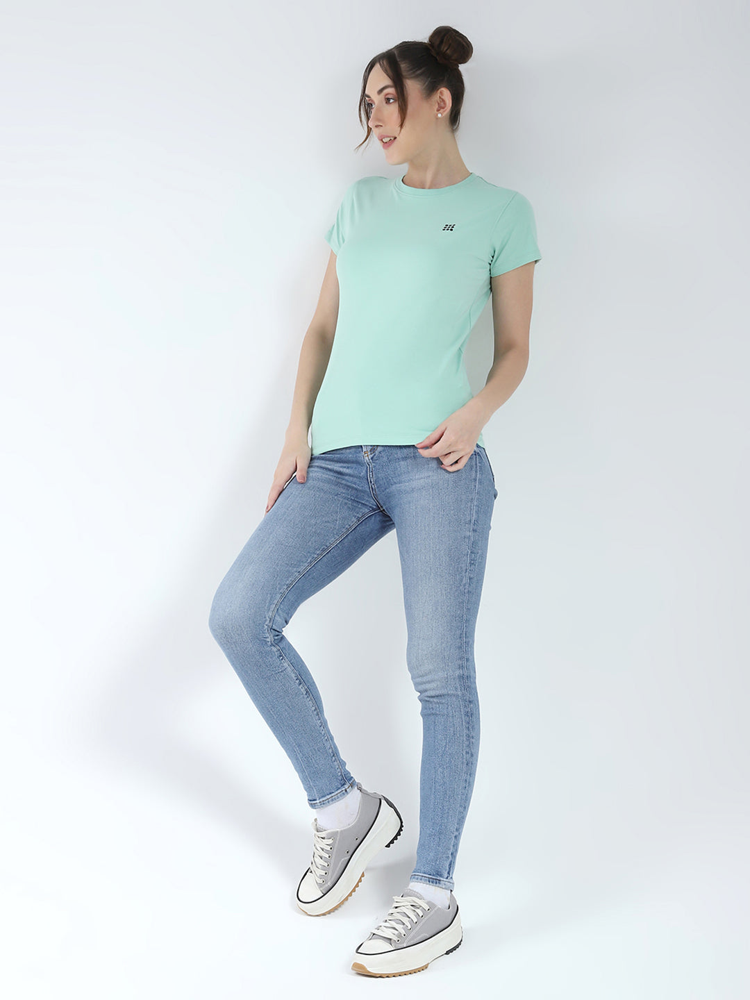 Rock.it Women Green Solid Round Neck Half Sleeve Top