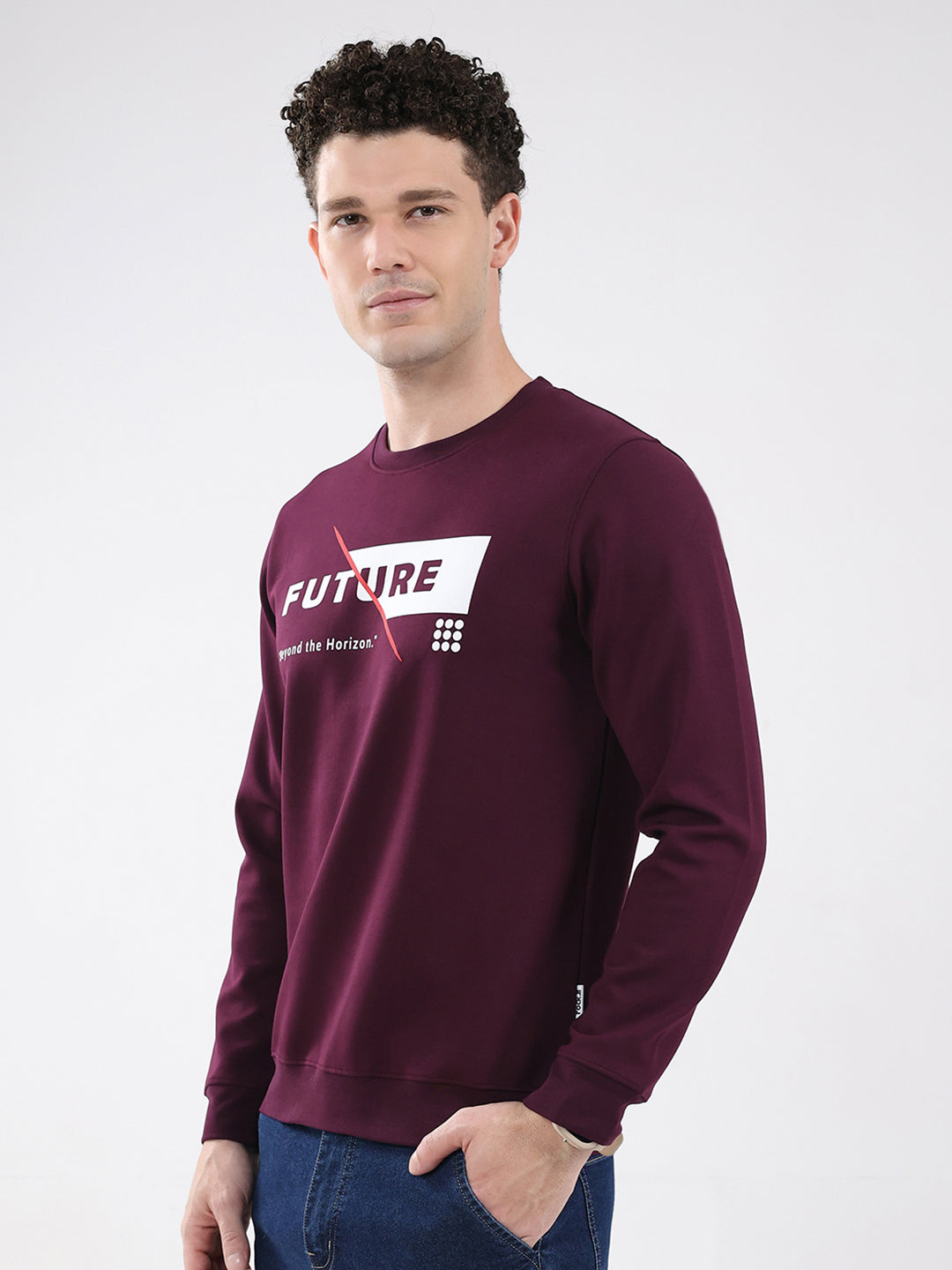 Rock.it Men Maroon Printed Round Neck Full Sleeve Sweatshirt