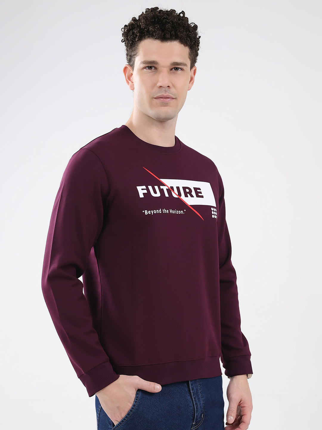 Rock.it Men Maroon Printed Round Neck Full Sleeve Sweatshirt