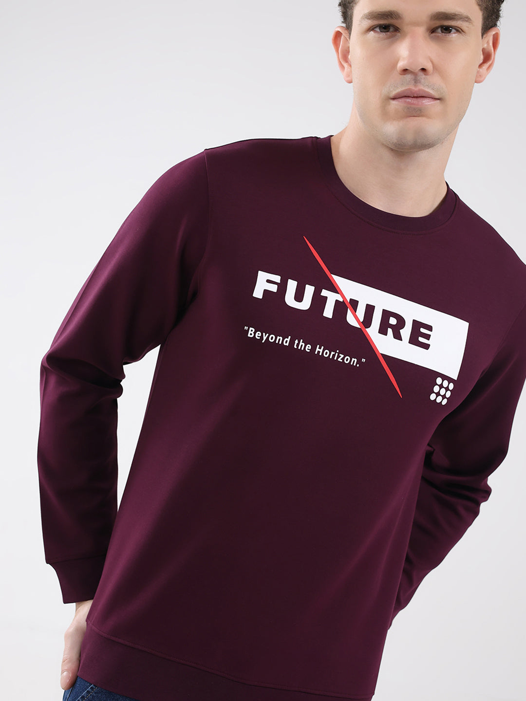Rock.it Men Maroon Printed Round Neck Full Sleeve Sweatshirt