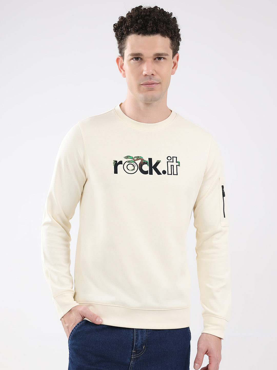 Rock.it Men Cream Embroidered Round Neck Full Sleeve Sweatshirt