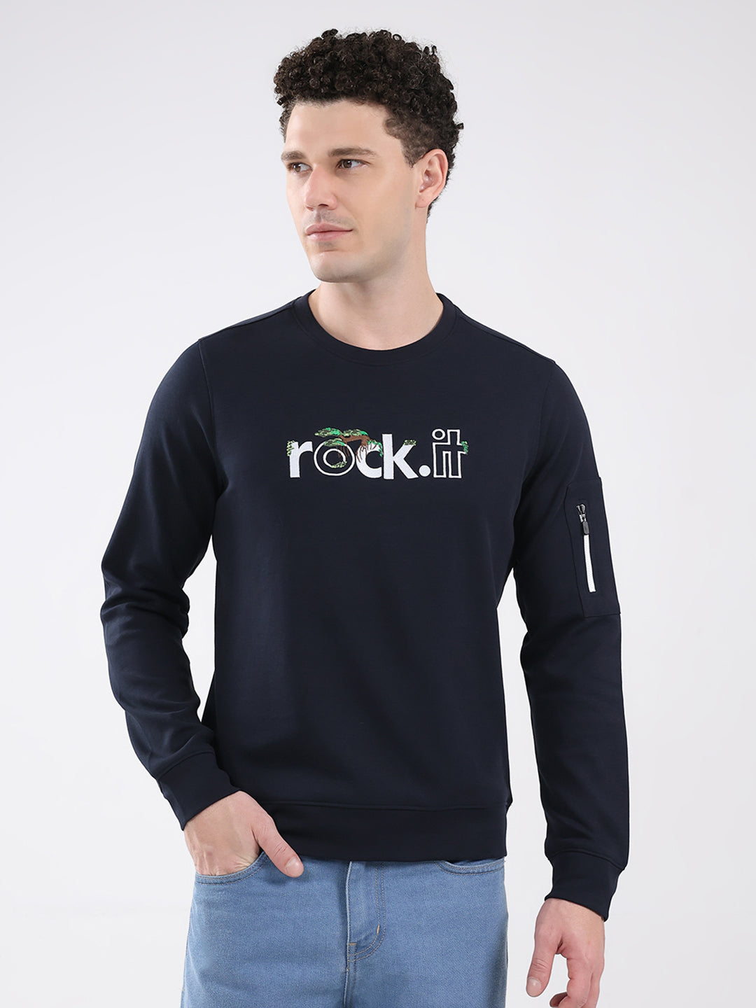 Rock.it Men Navy Blue Embroidered Round Neck Full Sleeve Sweatshirt