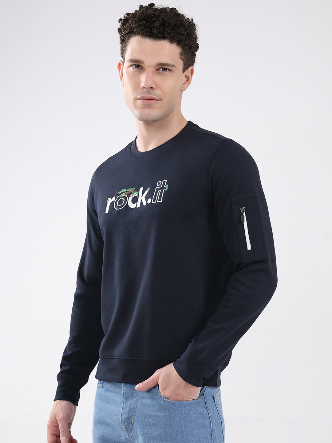 Rock.it Men Navy Blue Embroidered Round Neck Full Sleeve Sweatshirt