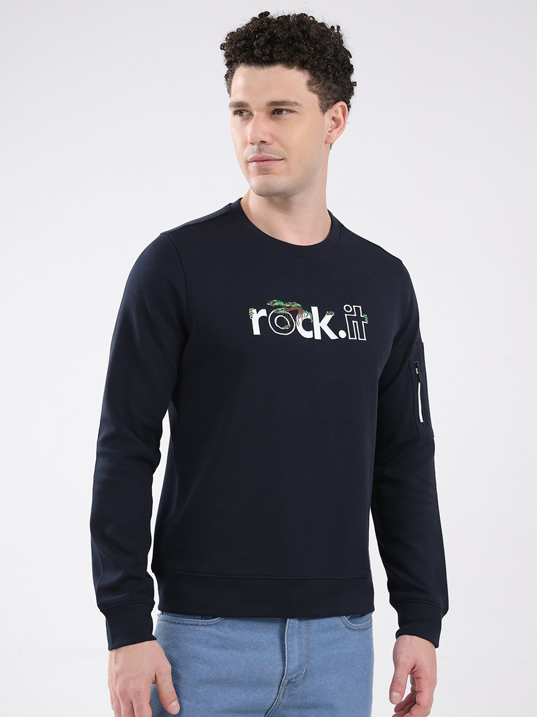 Rock.it Men Navy Blue Embroidered Round Neck Full Sleeve Sweatshirt