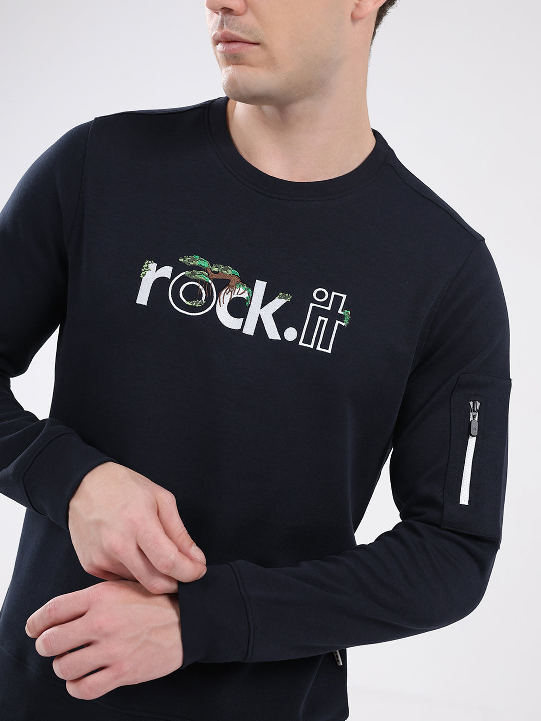 Rock.it Men Navy Blue Embroidered Round Neck Full Sleeve Sweatshirt