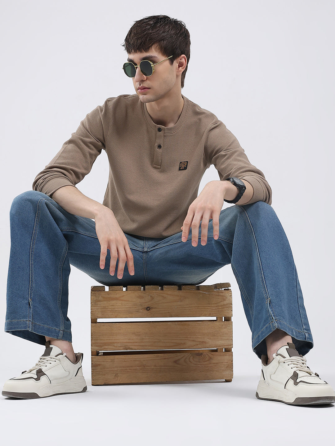 Rock.it Men Brown Solid Round Neck Full Sleeve Winter T-Shirt