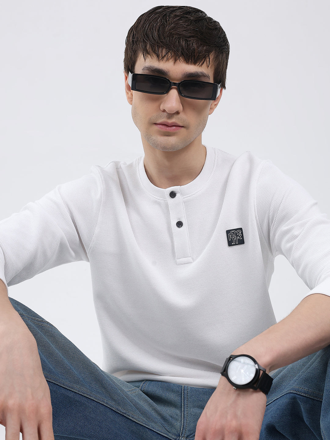 Rock.it Men White Solid Round Neck Full Sleeve Winter T-Shirt