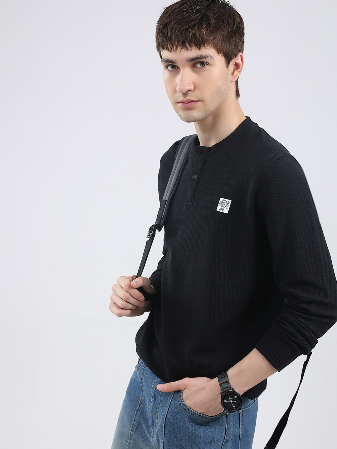 Rock.it Men Black Solid Round Neck Full Sleeve Winter T-Shirt