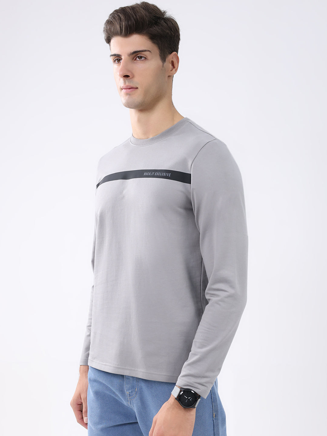 Rock.it Men Grey Solid Round Neck Full Sleeve Winter T-Shirt