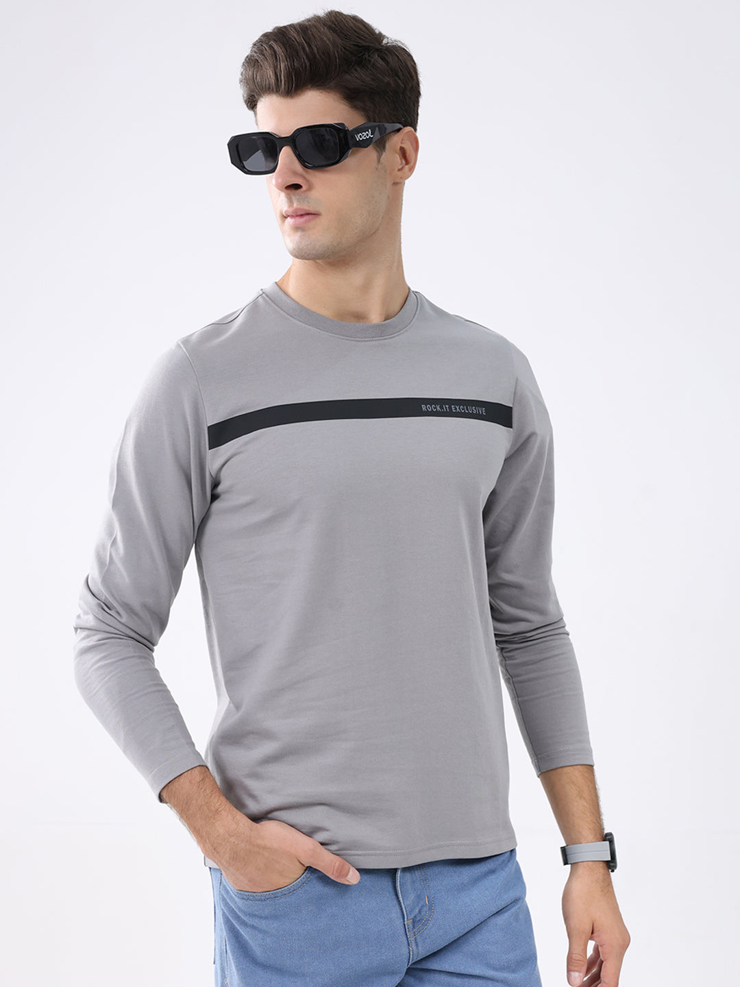 Rock.it Men Grey Solid Round Neck Full Sleeve Winter T-Shirt