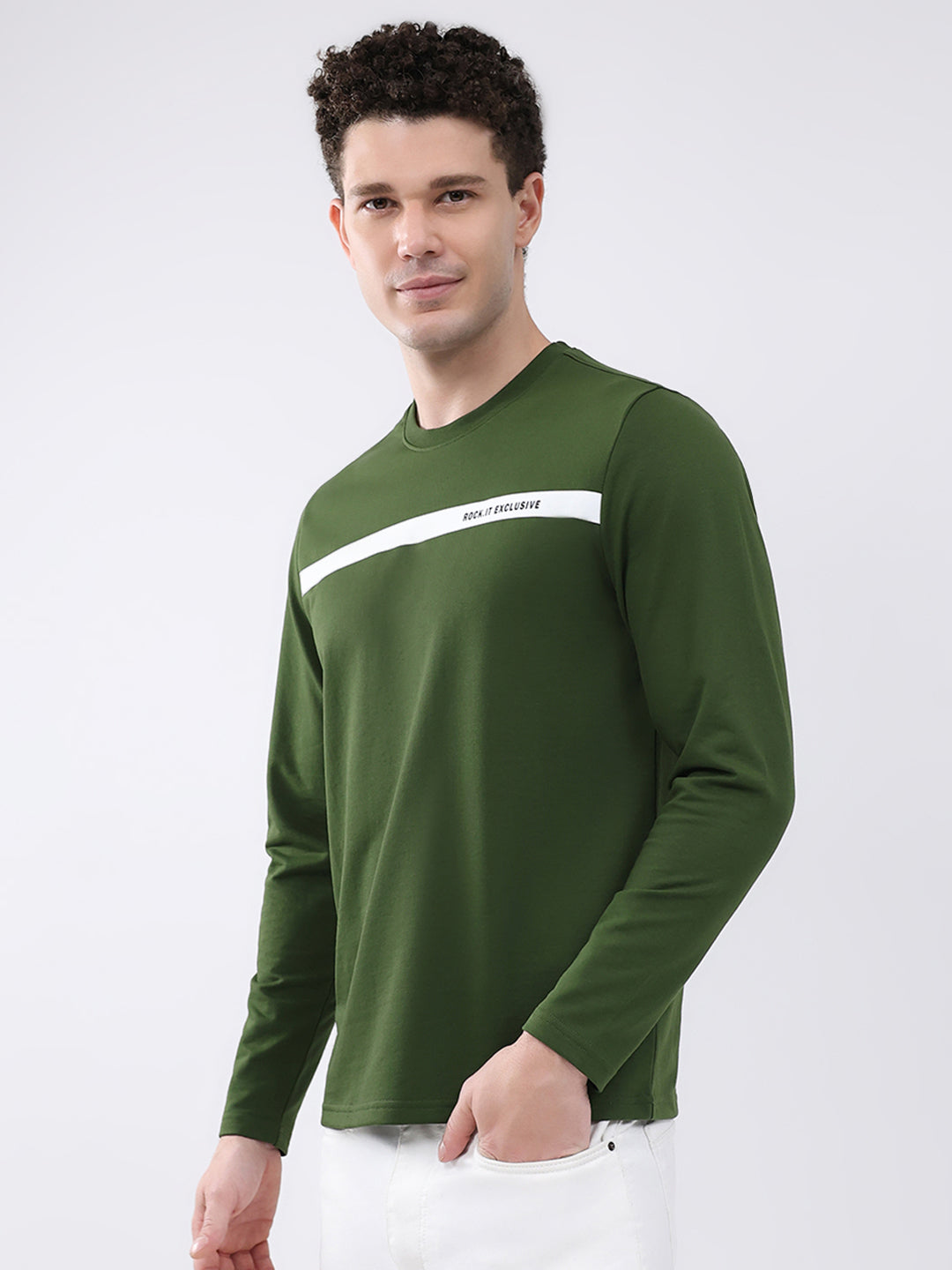 Rock.it Men Green Solid Round Neck Full Sleeve Winter T-Shirt