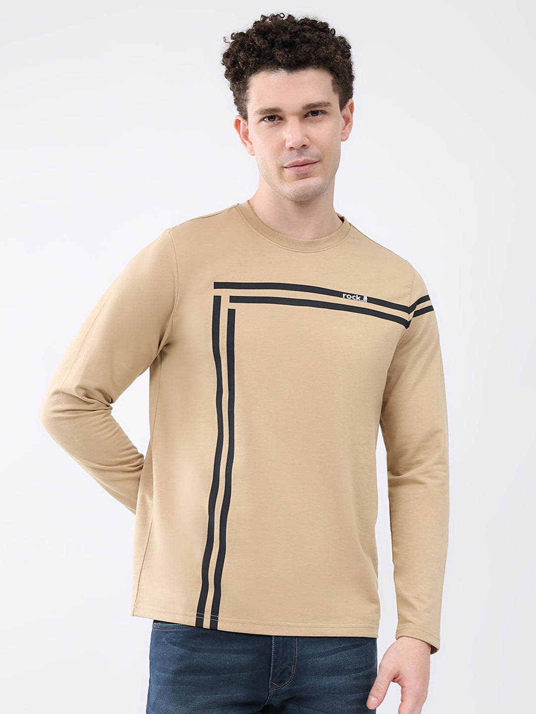 Rock.it Men Beige Solid Round Neck Full Sleeve Winter T-Shirt