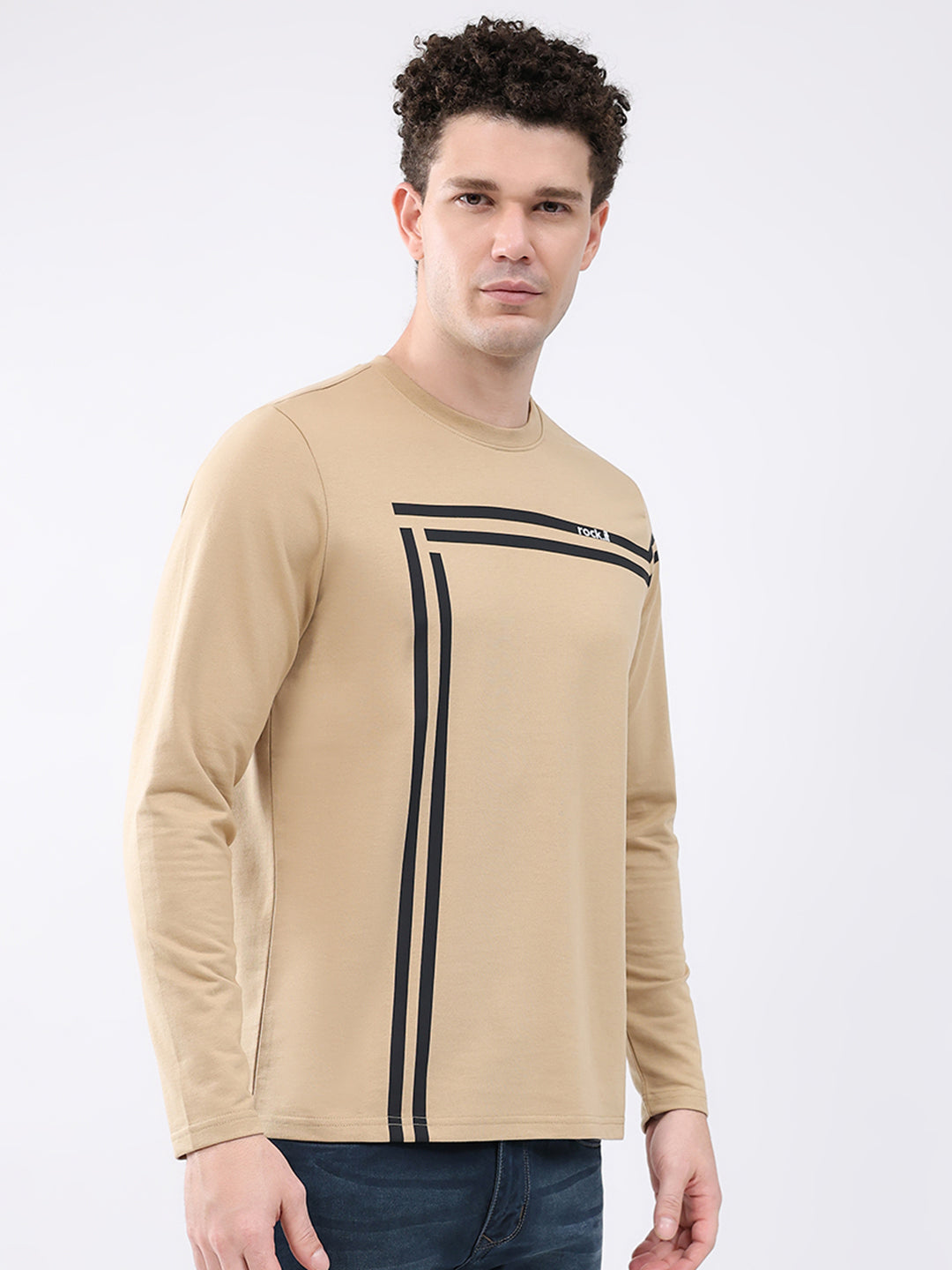 Rock.it Men Beige Solid Round Neck Full Sleeve Winter T-Shirt