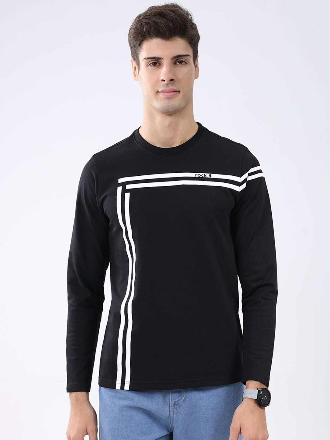 Rock.it Men Black Solid Round Neck Full Sleeve Winter T-Shirt