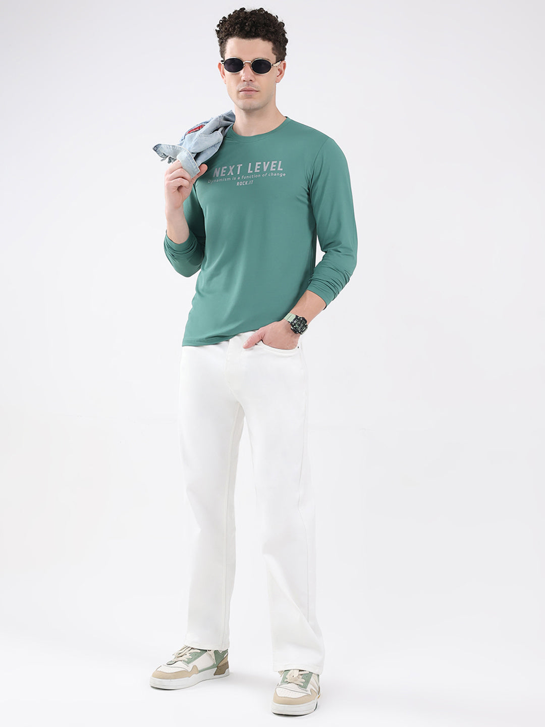 Rock.it Men Green Printed Round Neck Full Sleeve Winter T-Shirt