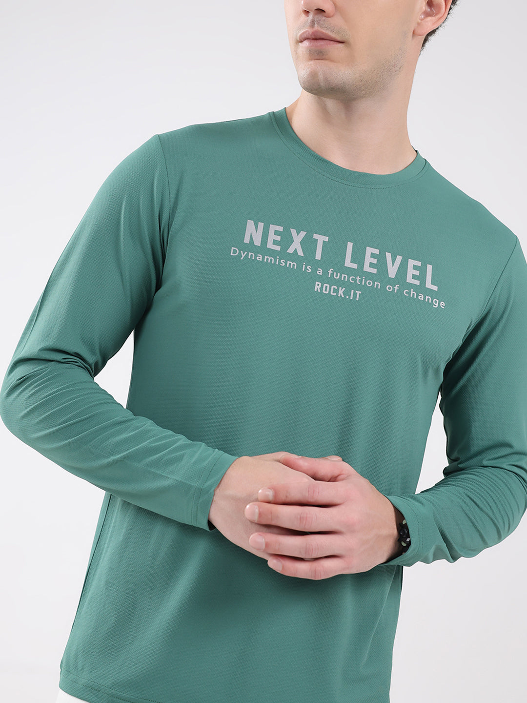 Rock.it Men Green Printed Round Neck Full Sleeve Winter T-Shirt