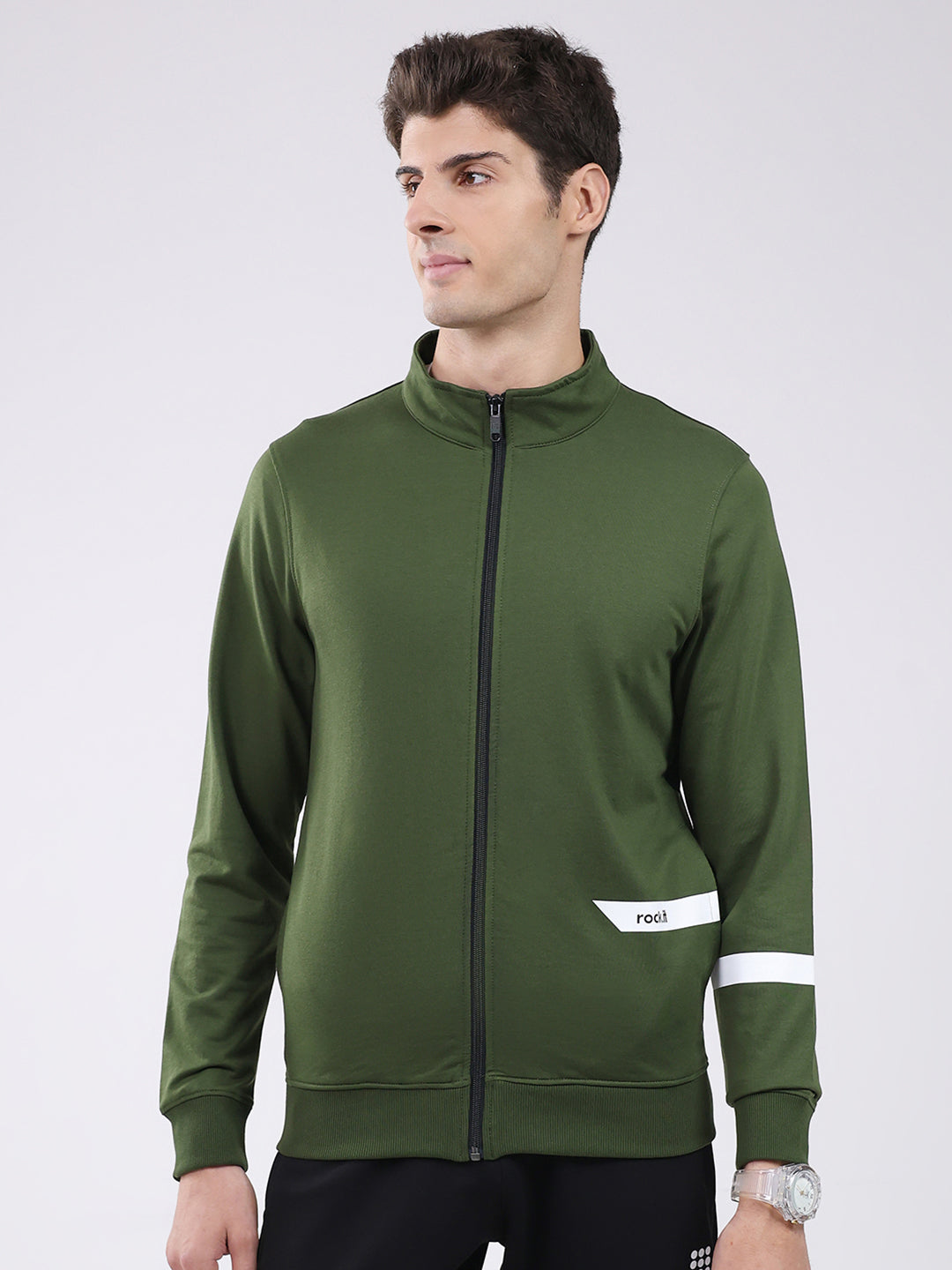 Rock.it Men Green Solid Mock Neck Full Sleeve Sweatshirt