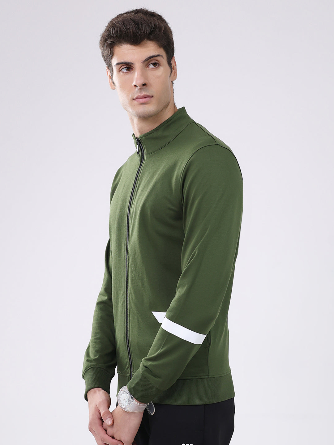 Rock.it Men Green Solid Mock Neck Full Sleeve Sweatshirt