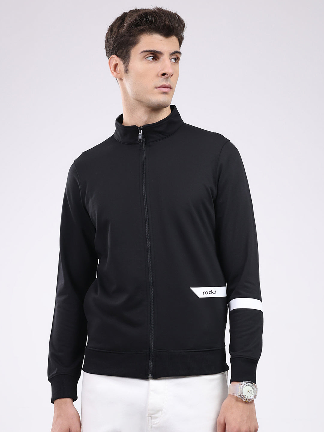 Rock.it Men Black Solid Mock Neck Full Sleeve Sweatshirt