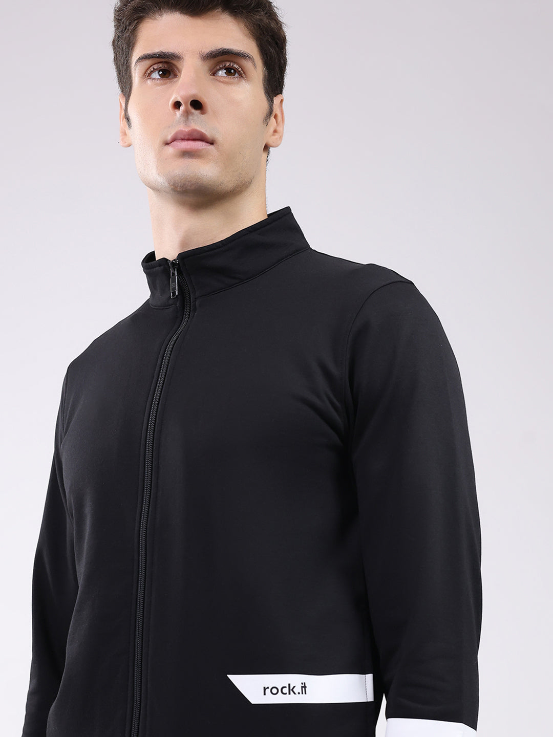 Rock.it Men Black Solid Mock Neck Full Sleeve Sweatshirt