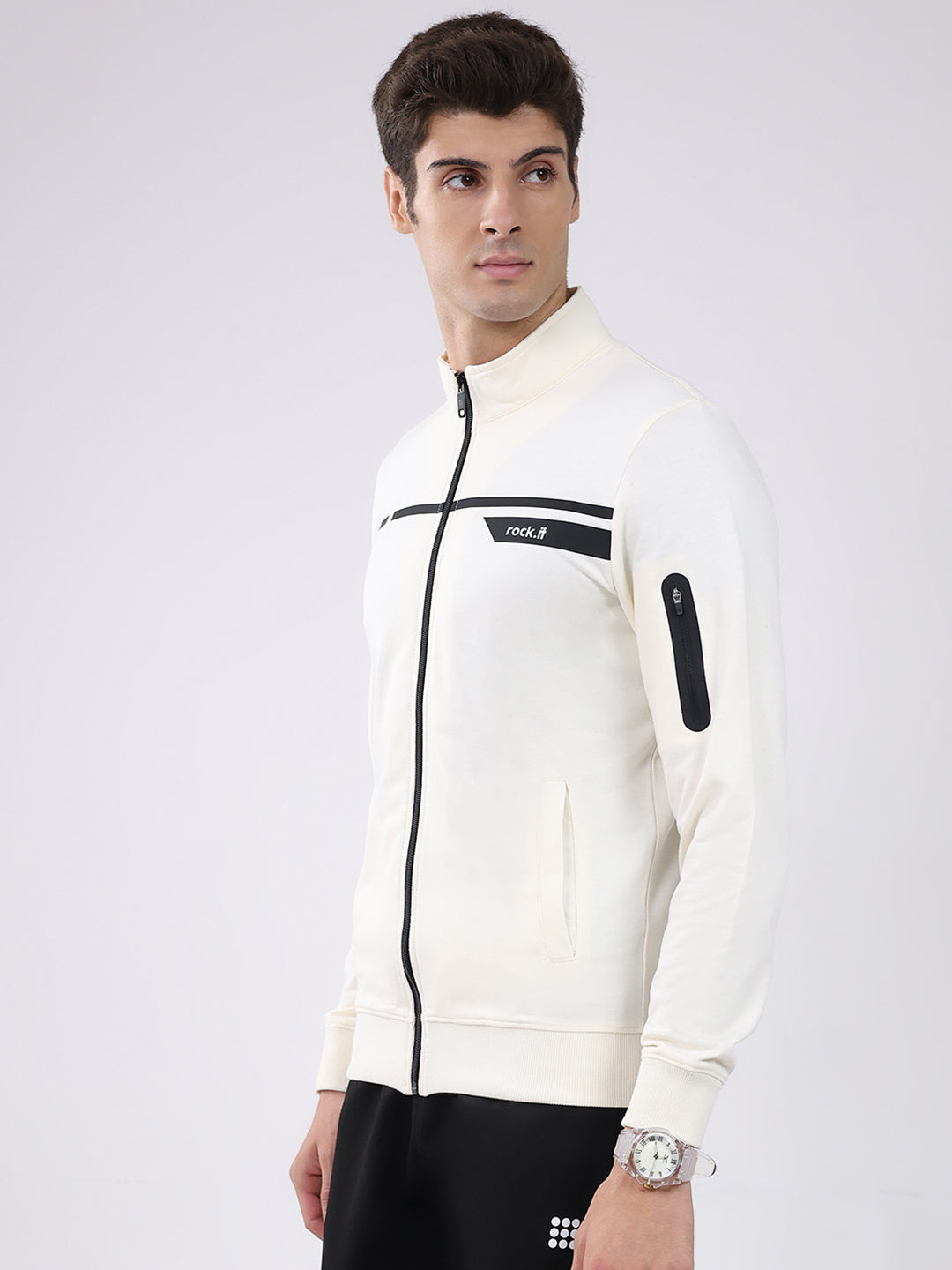 Rock.it Men Off White Solid Mock Neck Full Sleeve Sweatshirt