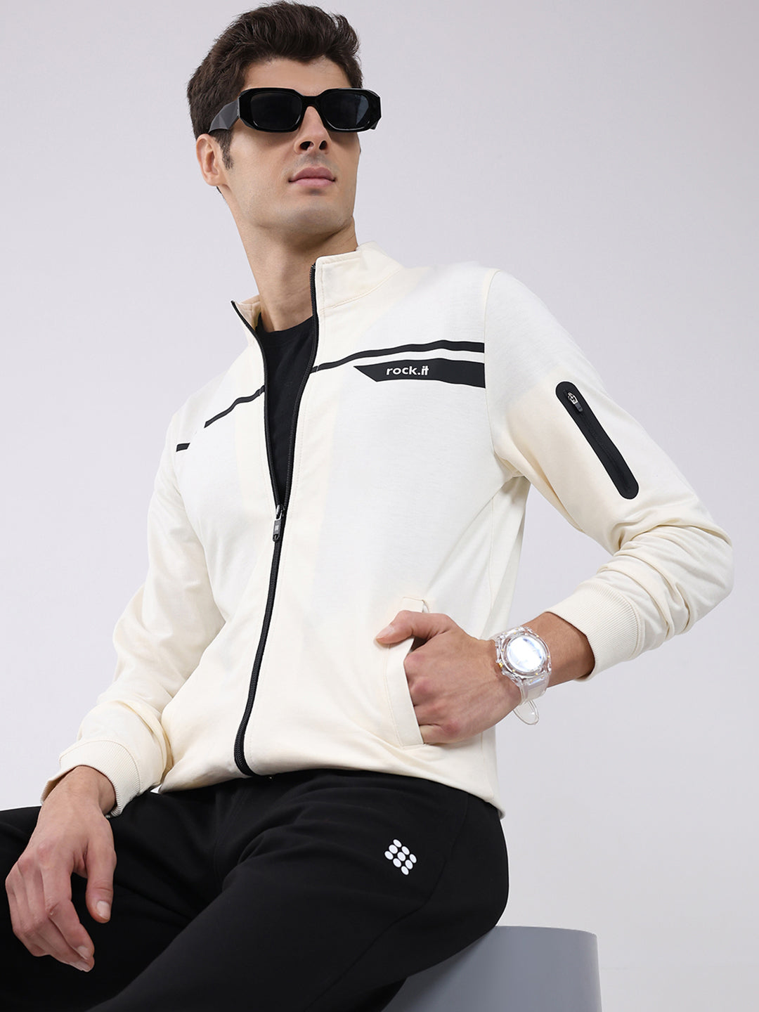 Rock.it Men Off White Solid Mock Neck Full Sleeve Sweatshirt