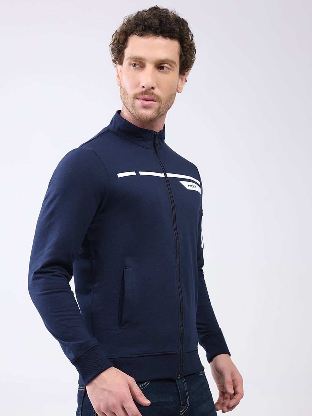 Rock.it Men Navy Blue Printed Mock Neck Full Sleeve Sweatshirt