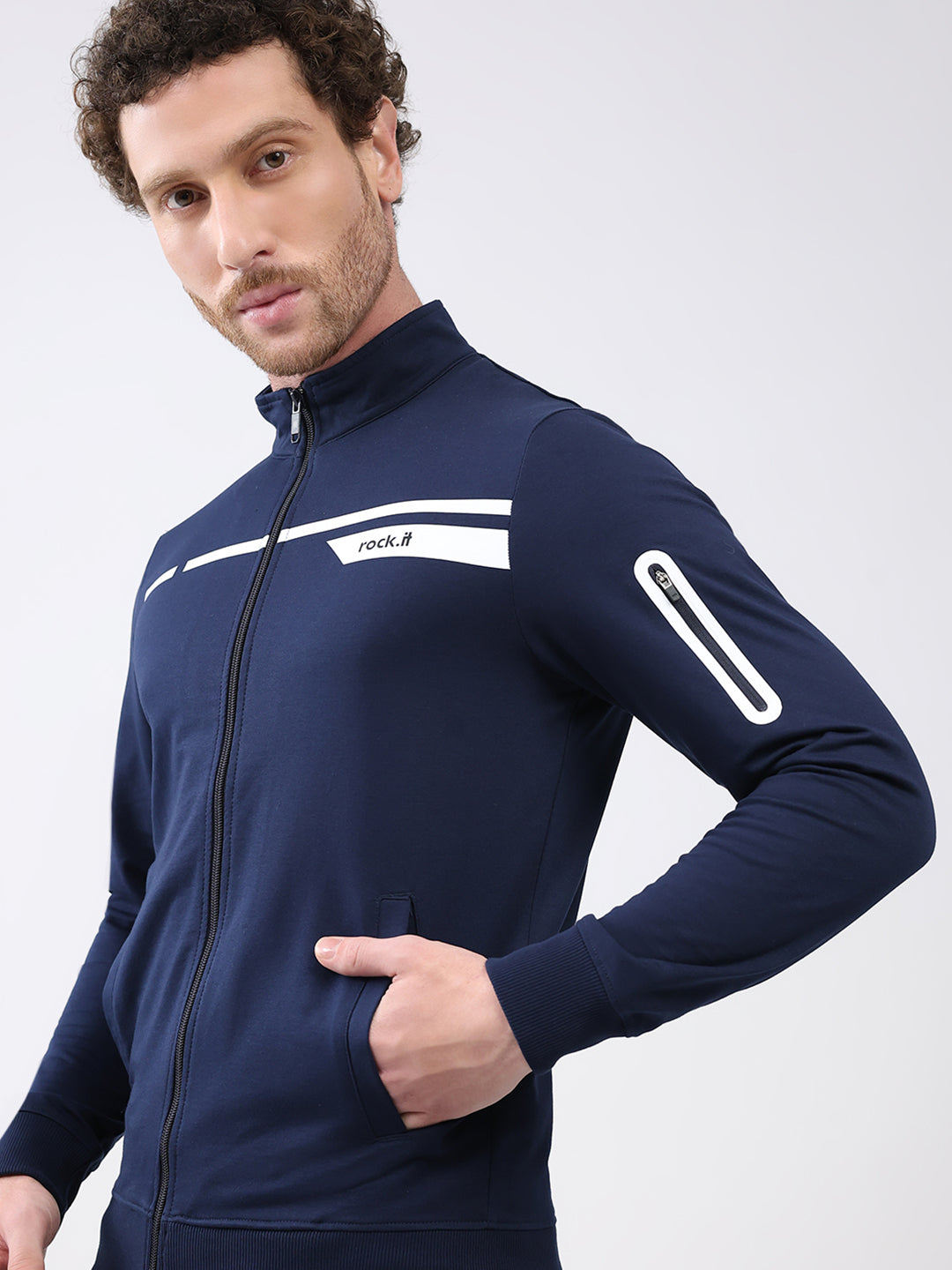 Rock.it Men Navy Blue Printed Mock Neck Full Sleeve Sweatshirt