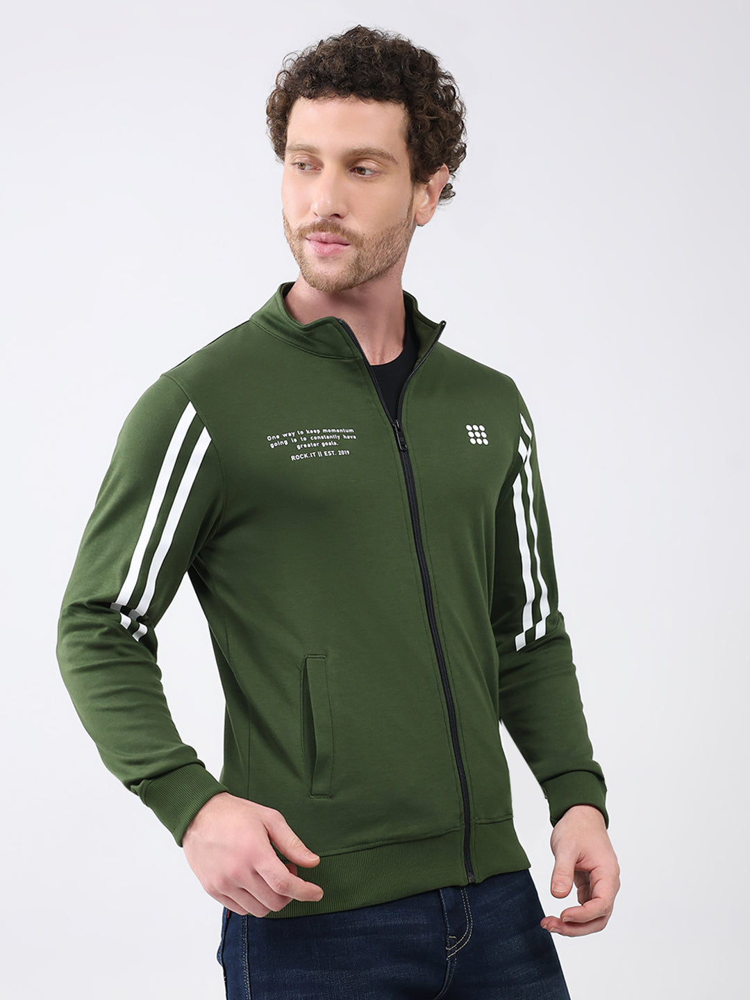 Rock.it Men Green Printed Mock Neck Full Sleeve Sweatshirt