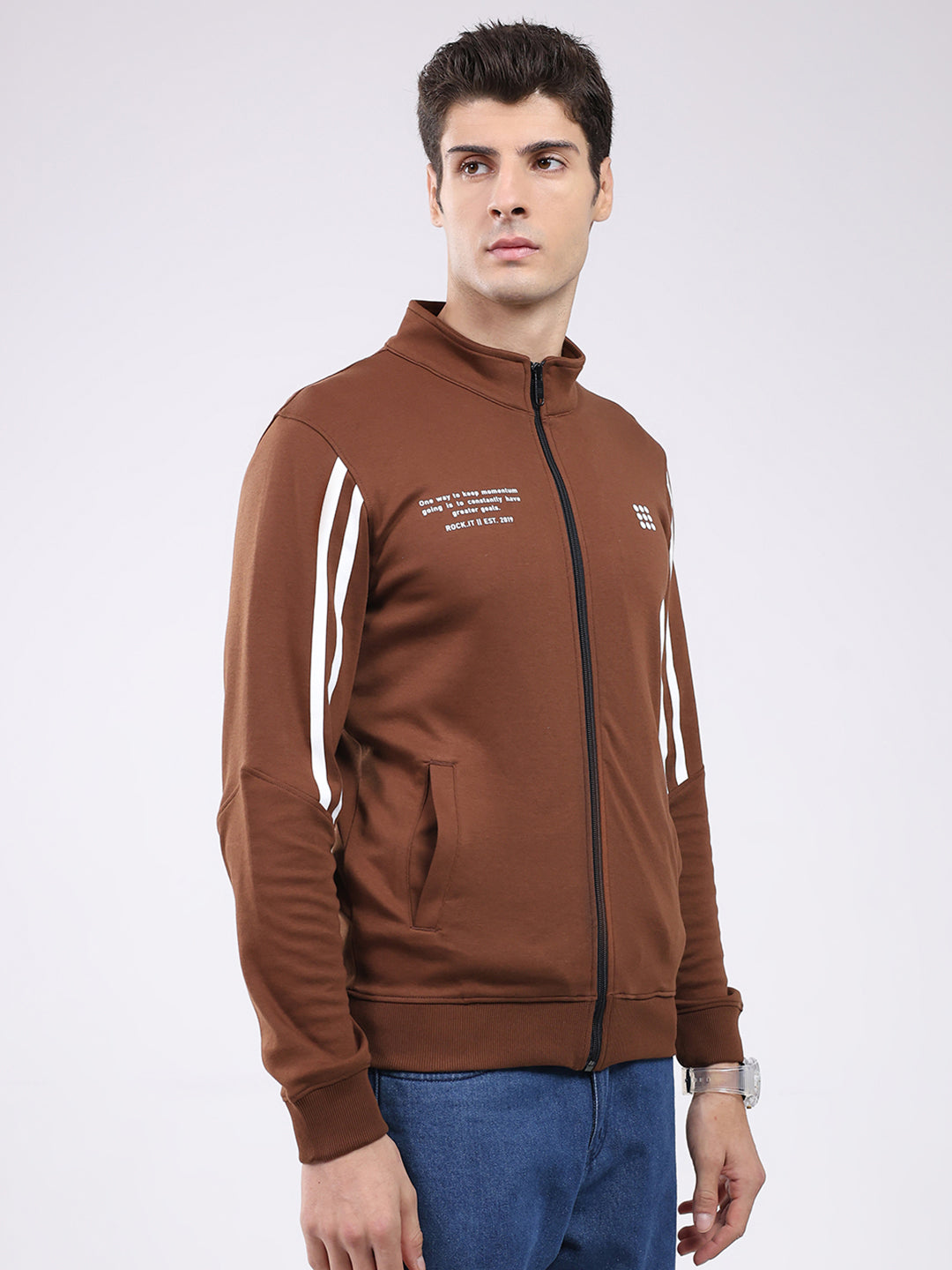 Rock.it Men Brown Printed Mock Neck Full Sleeve Sweatshirt